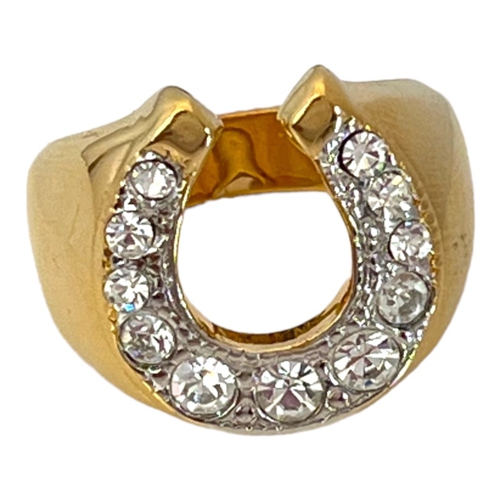 Never Worn Vintage Uncas Equestrian Ring Horseshoe Crystals 14KT Gold Plate Luck - Picture 3 of 4